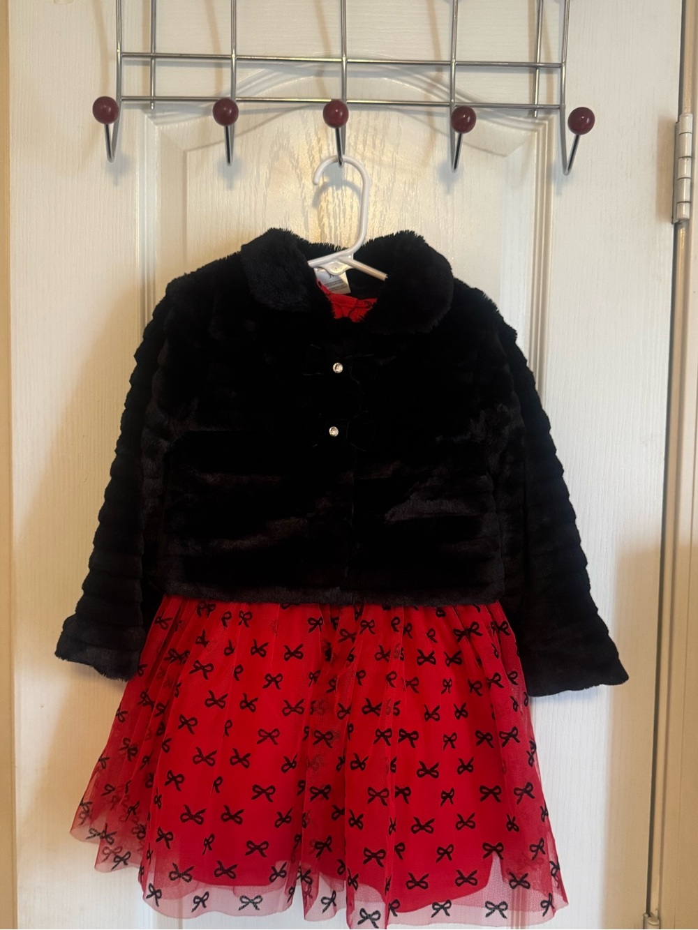 Girls Black Faux Fur Jacket with Red Bow-Print Dress